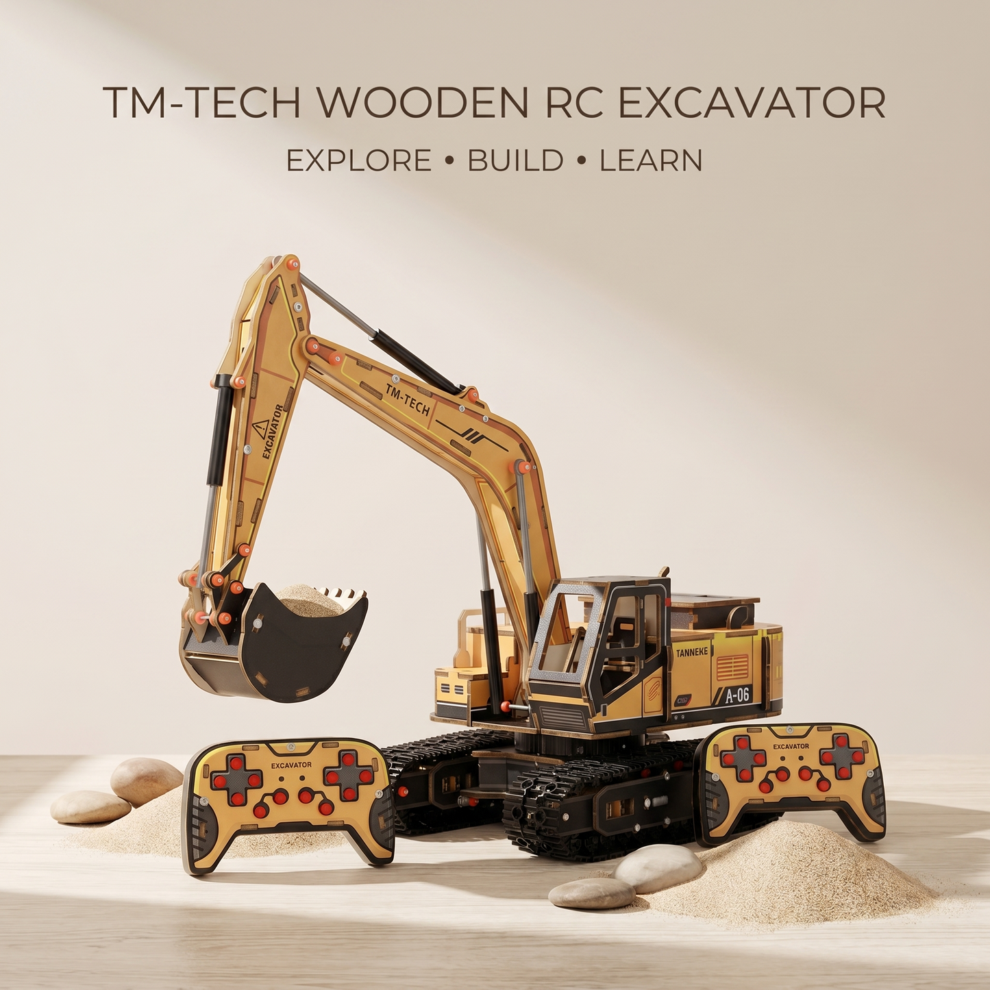 TM-TECH Wooden RC Excavator DIY Kit - 2.4G Remote Control Construction Vehicle