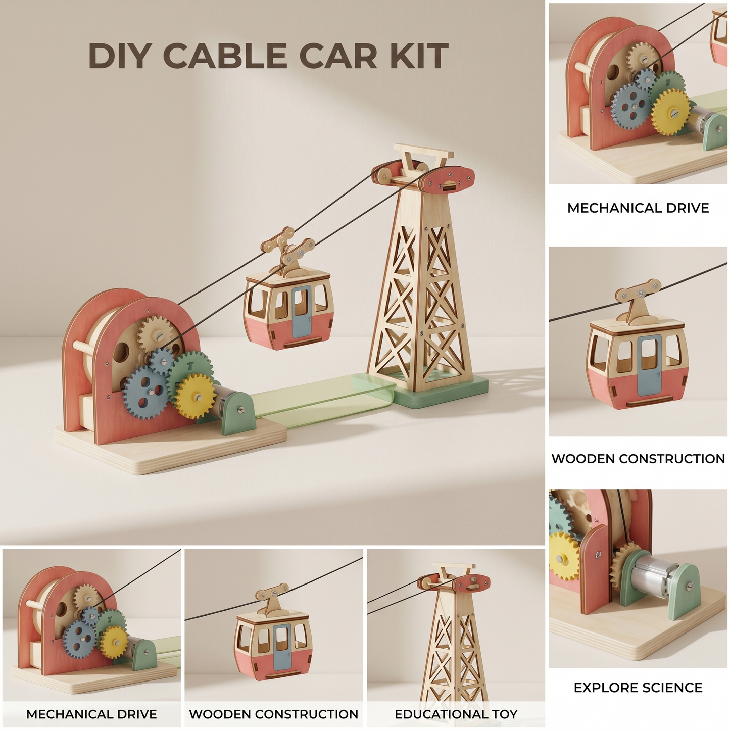 DIY Wooden Cable Car Model Kit - STEM Educational Mechanical Assembly Toy