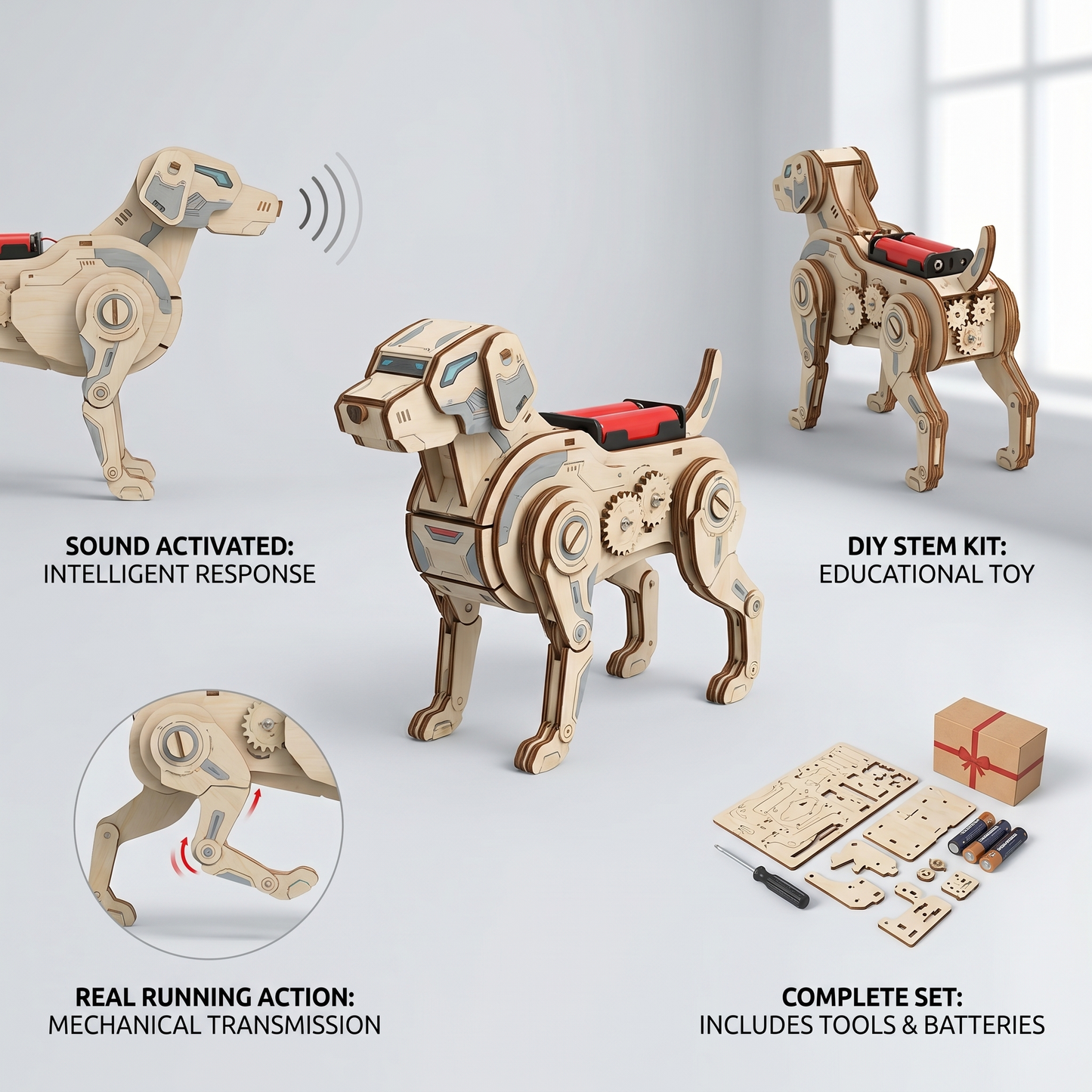 Sound-Activated Robotic Dog DIY Kit - Educational STEAM Wooden Toy