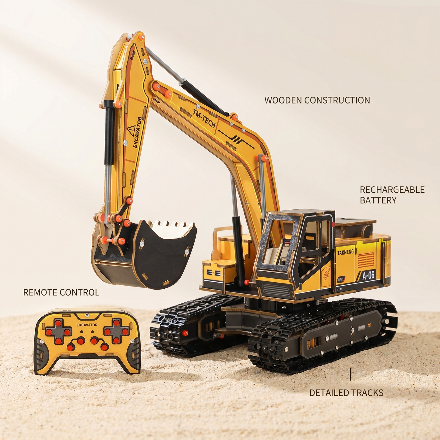 TM-TECH Wooden RC Excavator DIY Kit - 2.4G Remote Control Construction Vehicle