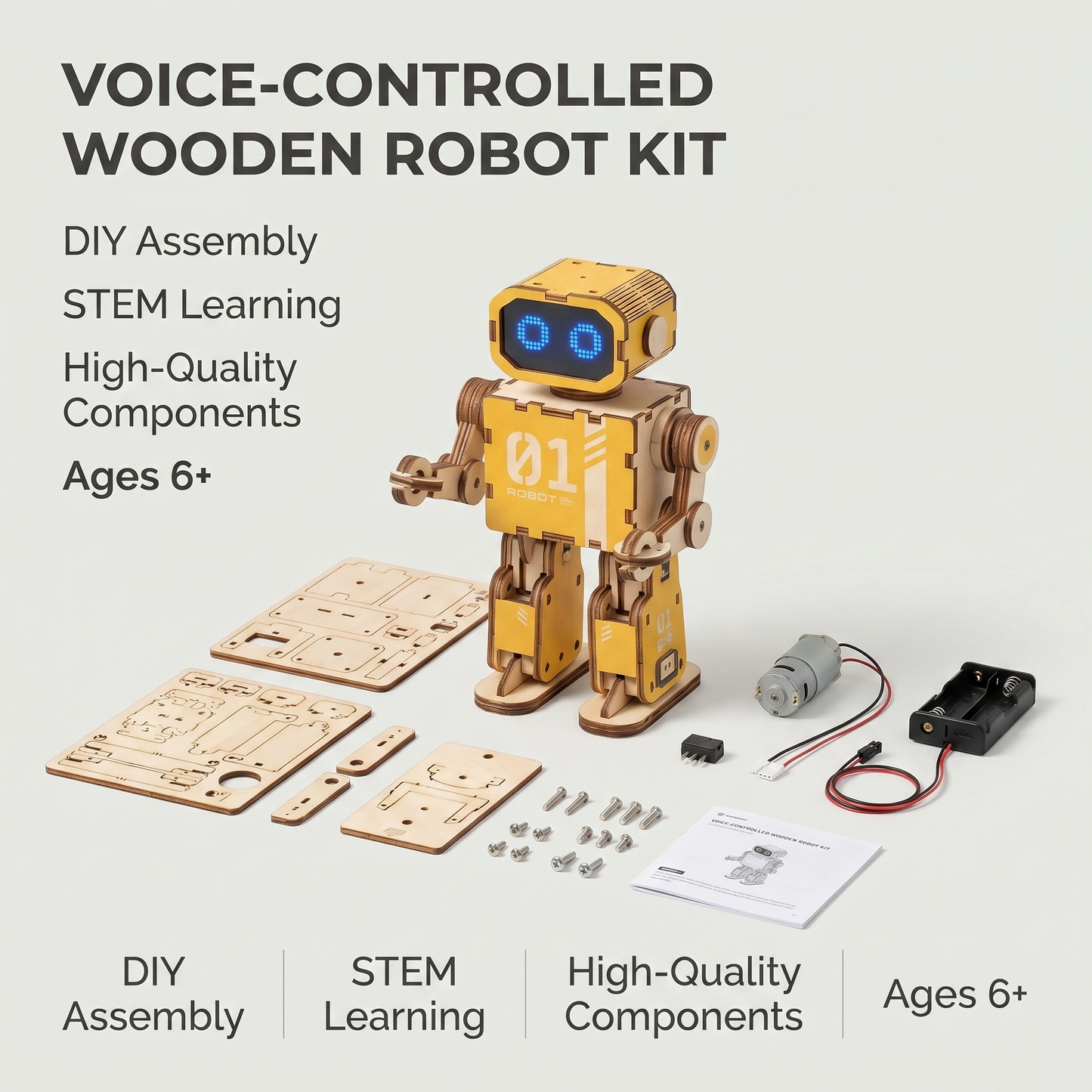 Voice-Activated Wooden Robot DIY Kit - STEM Educational Sound-Controlled Toy