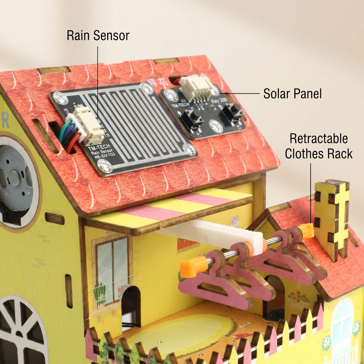 Smart Wooden House STEM Kit - Rain & Light Sensing Solar Panel Model