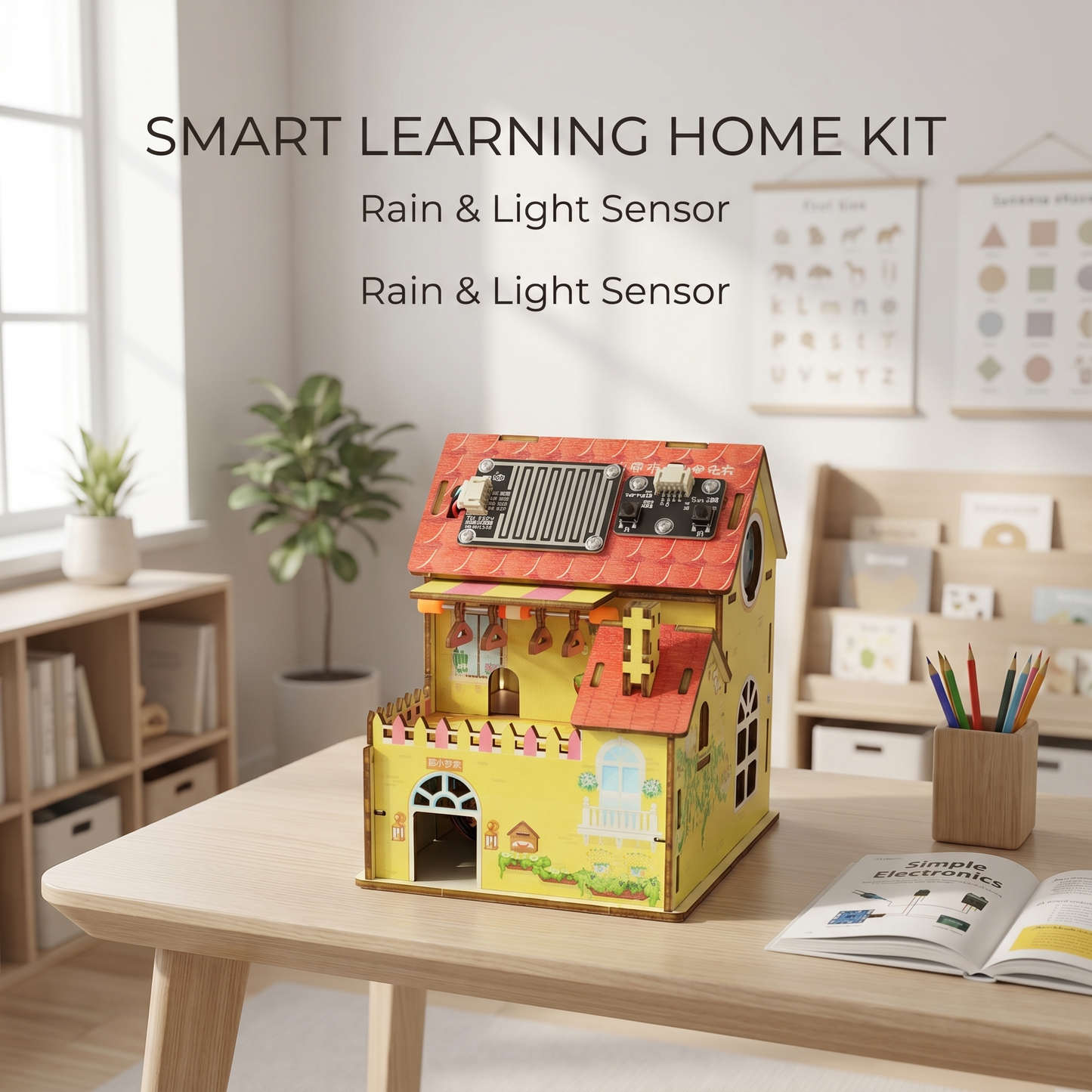 Smart Wooden House STEM Kit - Rain & Light Sensing Solar Panel Model