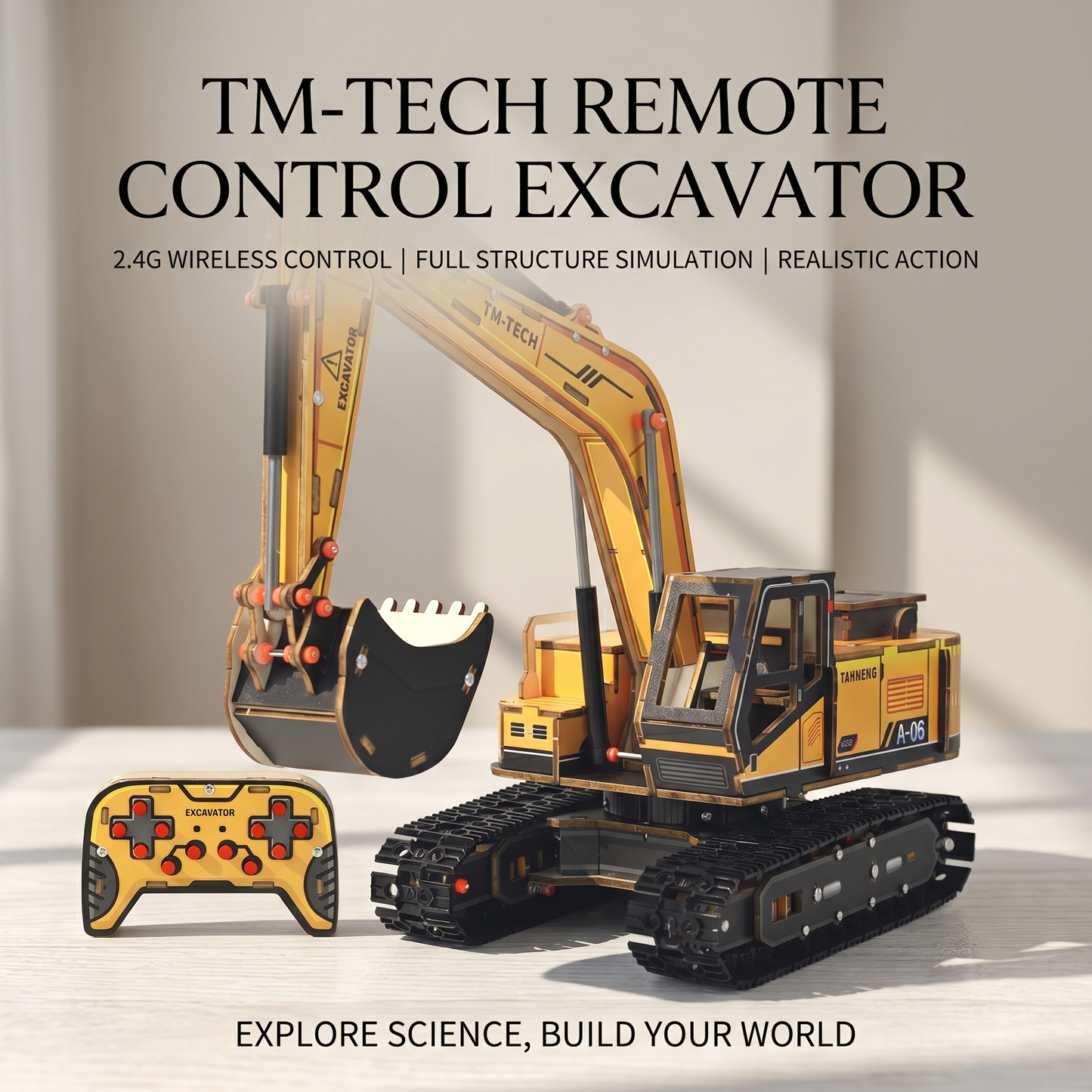 TM-TECH Wooden RC Excavator DIY Kit - 2.4G Remote Control Construction Vehicle