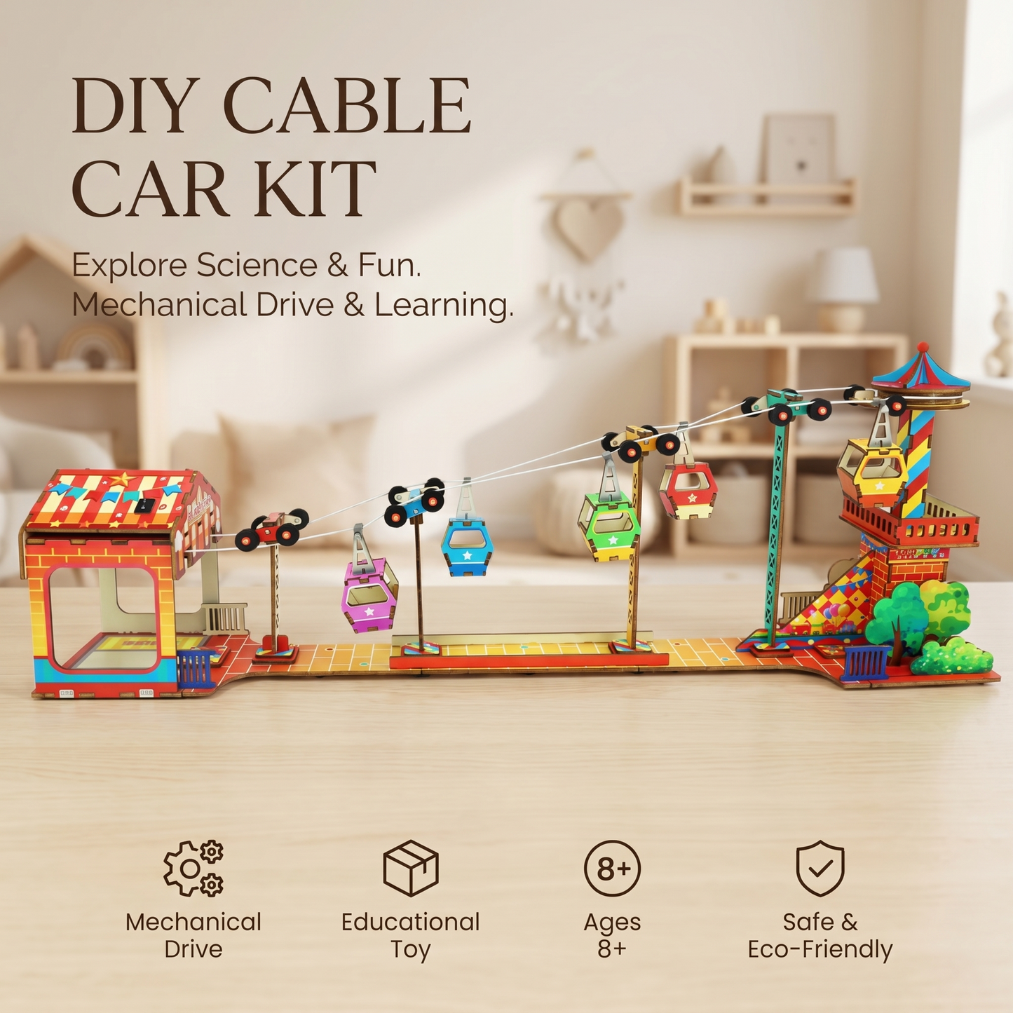 DIY Wooden Cable Car Model Kit - STEM Educational Mechanical Assembly Toy