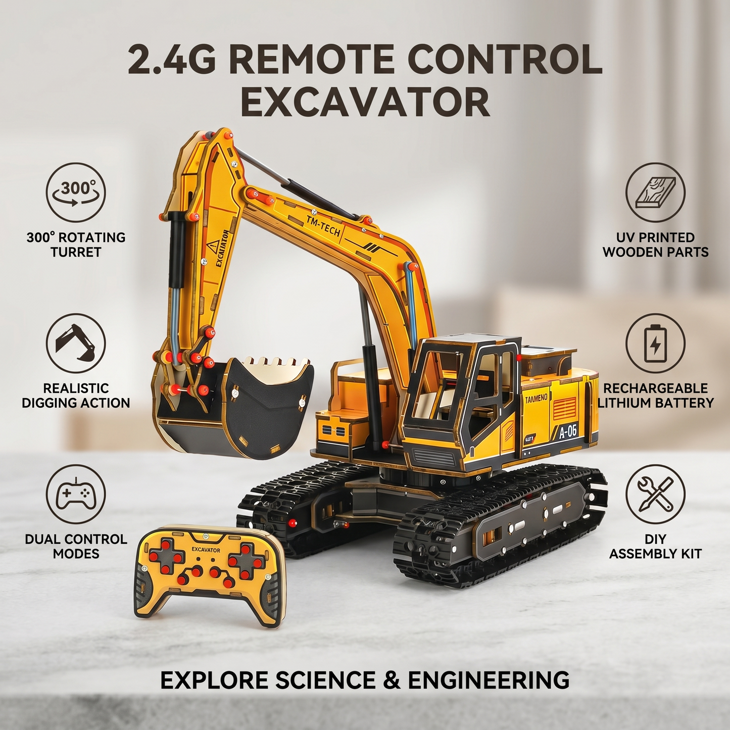 TM-TECH Wooden RC Excavator DIY Kit - 2.4G Remote Control Construction Vehicle